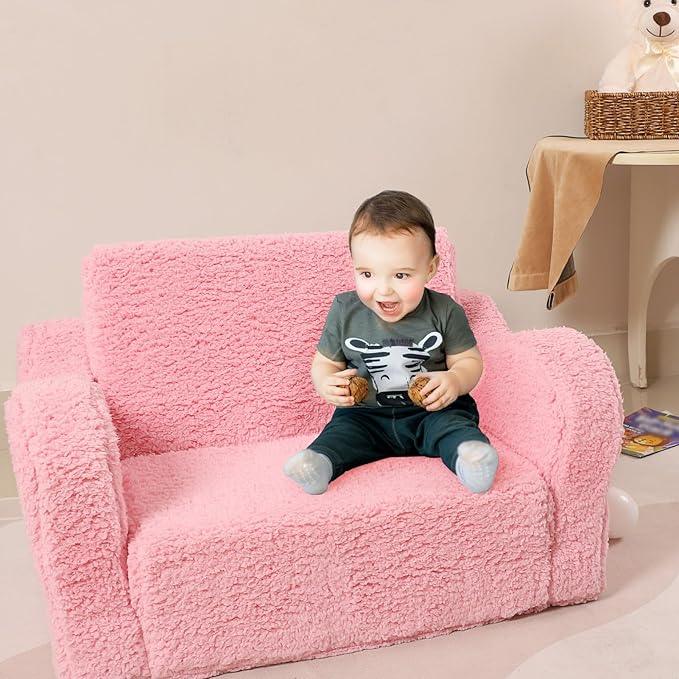 Kids Chairs for Toddler, 2-in-1 Toddler Soft Sherpa Couch Fold Out, Convertible Sofa to Lounger for Girls and Boys, Pink