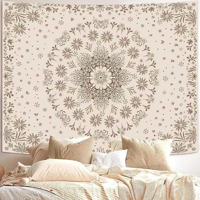 Fowocu Boho Floral Mandala Tapestry Wall Hanging Bohemian Flower Medallion Tapestry Aesthetic Beige Brown Hippie Indian Small Tapestries for Bedroom Living Room Dorm Decor 60 x 44 Inch