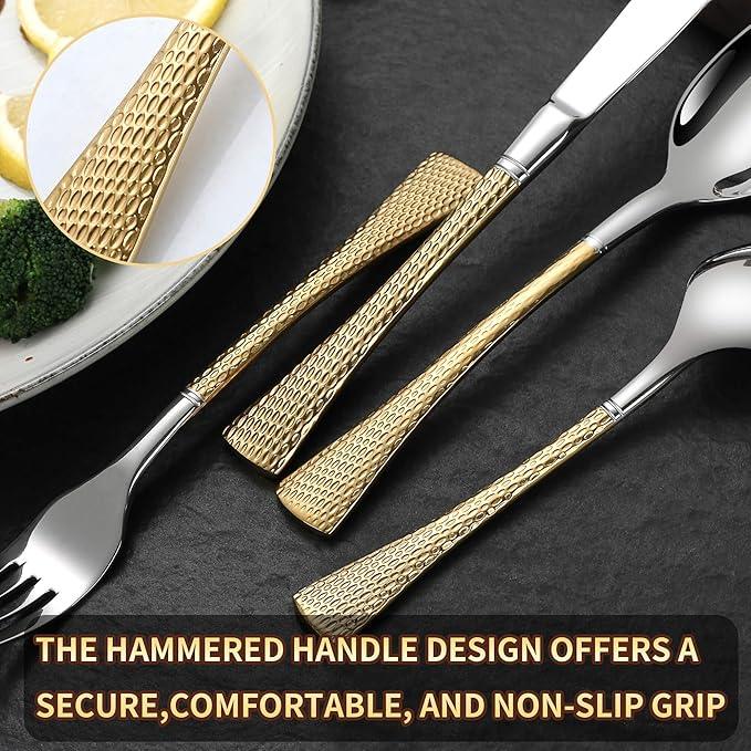 Hammered Silver Gold Silverware Set,20 Piece Modern Flatware Set Service for 4,Mirror Polished Stainless Steel Cutlery Set Utensil Set Tableware,Kitchen Knives Forks Spoons Set,Dishwasher Safe