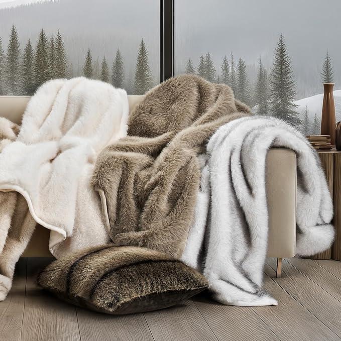 Luxury Faux Fur Throw Blanket, Soft Fluffy Faux Mink Blankets for Bed, Couch, Sofa, Thick Cozy Plush Warm Fur Throws with Reversible Velvet, Frosted White Wolf, 60