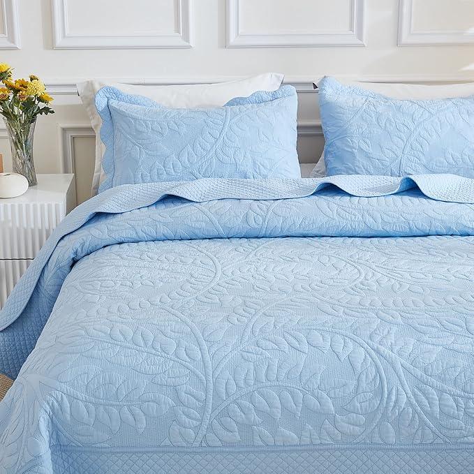 MarCielo 3-Piece 100% Cotton Oversized Bedspread Lightweight Quilt Coverlet Embroidery Farmhouse Bedding Set T0 (Light Blue, Oversized King (118