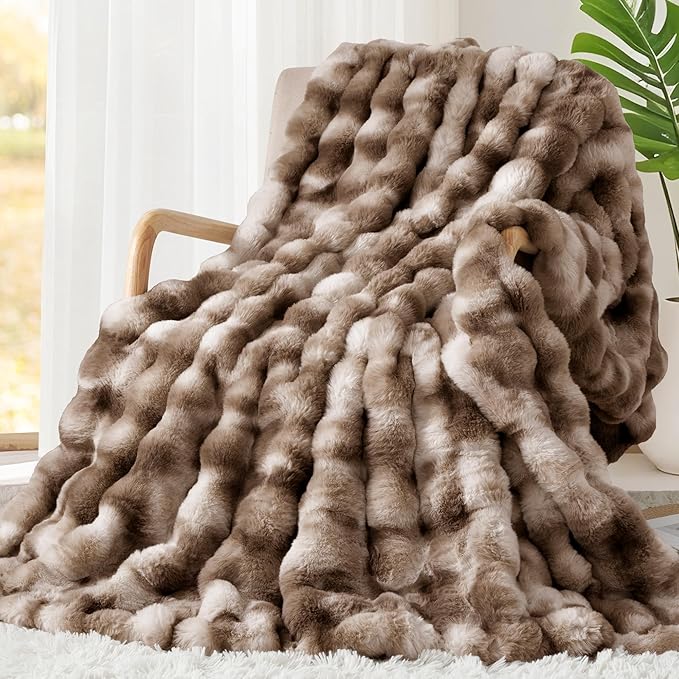 Touchat Luxury 1000GSM Rabbit Faux Fur Blanket, Super Heavy Warm Cozy Brown Blankets for Couch Bed Sofa, Ruched Plush Fuzzy Elegant Soft Reversible Mink Blanket for Living Room Bedroom, 60