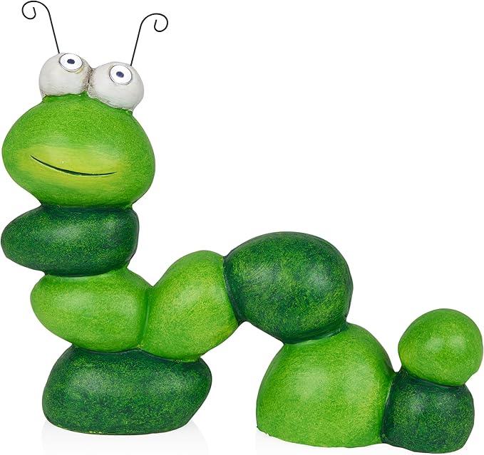 Alpine Corporation YEN608SLR Caterpillar Statue with Light Up Eyes, Solar Powered LED Caterpillar Garden Statue, 16
