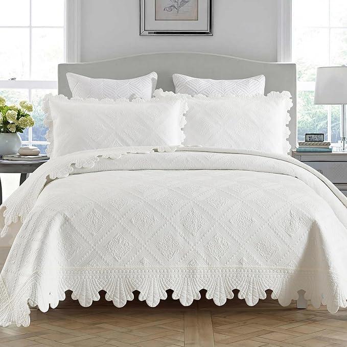 MarCielo 3-Piece 100% Cotton Oversized Bedspread Lightweight Quilt Coverlet Embroidery Farmhouse Bedding Set (TK White, Oversized King (118