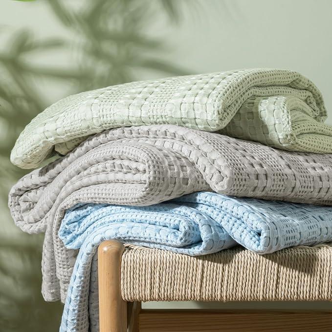 PHF Cooling Waffle Blanket Twin Size, Lightweight 60% Rayon Derived Bamboo & 40% Cotton Breathable Blanket for Hot Sleepers, Soft and Luxury for Bed Couch and Sofa, 66