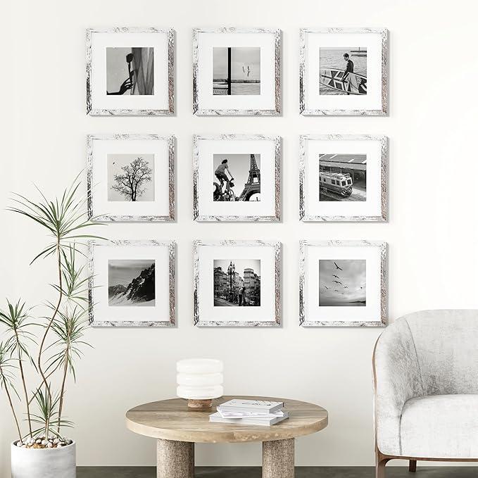 Vittanly 12x12 Picture Frames Set of 9, Shatter Resistant Plexiglass, Display 8x8 Pictures with Mat or 12x12 without Mat, Photo Frames for Wall Mount, Engineered Wood, Distressed White