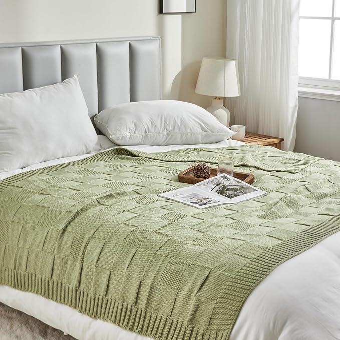 CozeCube Check Knit Throw Blanket, Sage Green Checkered Throw for Couch, Decorative Christmas Soft Cozy Warm Knitted Blanket for Bed Sofa Living Room, 60