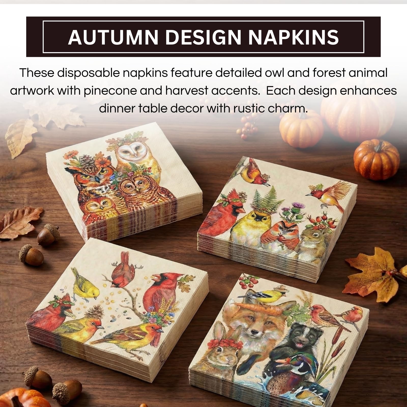 Khen Woodland Napkins, 100 Pack 4 Designs, 5