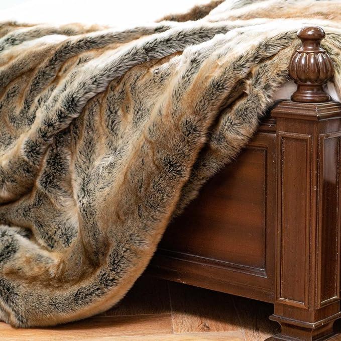 BATTILO HOME Luxury Brown Faux Fur Blanket Thick Warm Elegant Cozy Fuzzy Throw for Couch, Bed, Sofa Fluffy Blankets Decorative Reversible to Plush Velvet, 50
