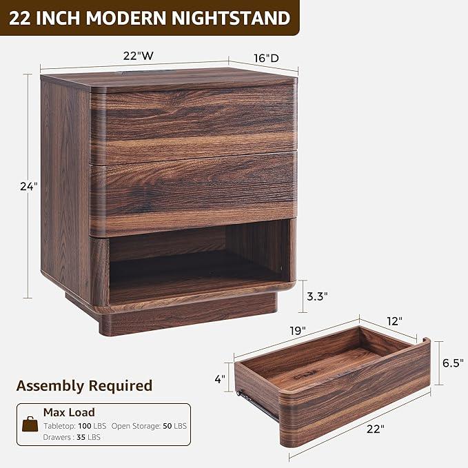 Nightstand Set of 2 with Charging Station, 22