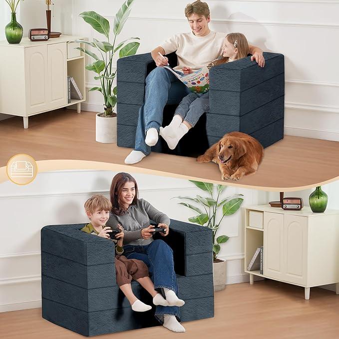 Folding Bean Bag Chair for Adults,3-in-1 Bean Bag Couch Faux Fur Floor Sofa Large Beanbag Convertible Bean Bag Sofa Bed with Pillow in Bedroom,Living Room,Apartment(Twin,Dark Grey)