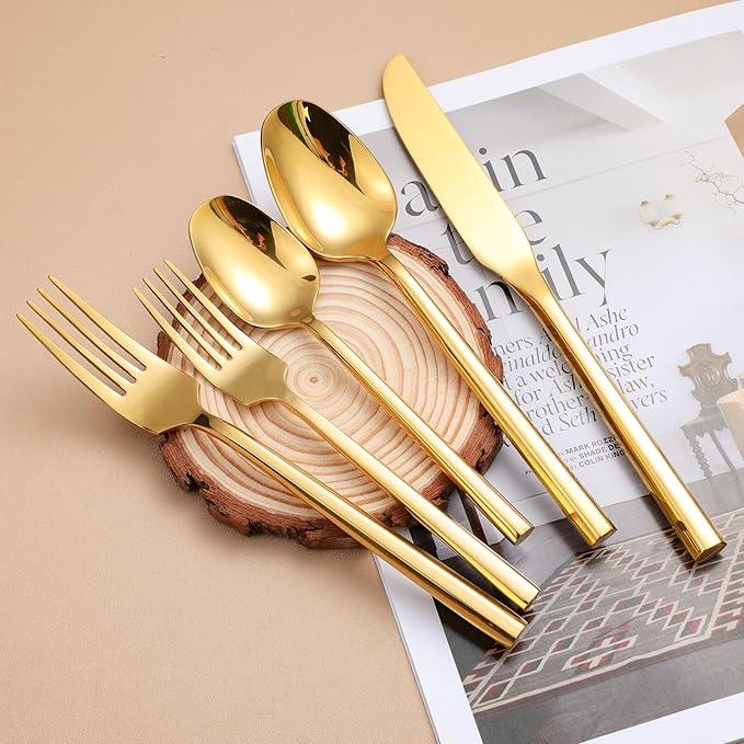 Mirror Silverware Set Gold Flatware Set with Hexagon Handle 20 Pieces 18/0 Stainless Steel Cutlery Set Wedding Housewarming Gift Service for 4 (Mirror gold)
