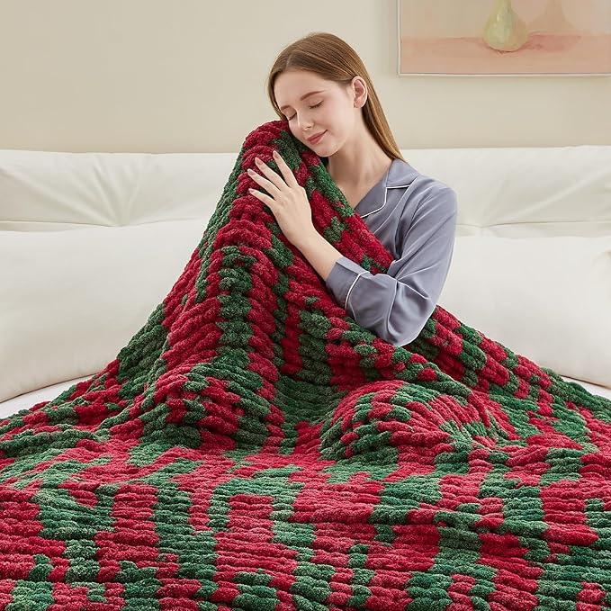 Chunky Knit Throw Blanket, 40''*50'' Knitted Throw Chenille Yarn for Bed Couch, Handmade Stripe Crochet Big Thick Blanket, Machine Washable Cute Comfy Blanket for Home Decor
