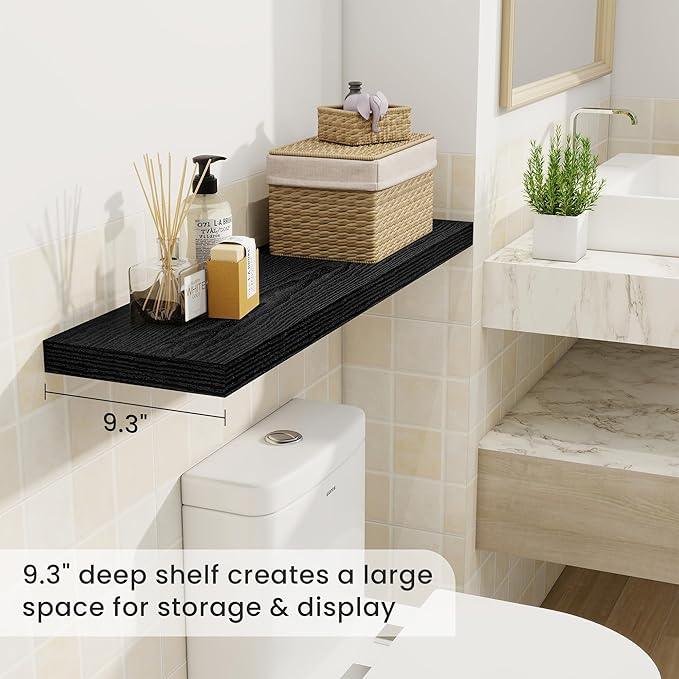 36 Inch Floating Shelves, 9.3 Inch Deep Rustic Wall Shelves - Extra Deeper Wall Mounted Storage Shelves for Bathroom, Kitchen, Living Room (Black, Set of 2)