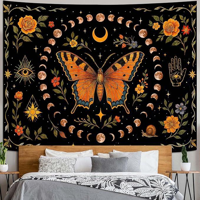 Lunerfex Moon Phase Butterfly Floral Wall Tapestry, Celestial Botanical Tapestries for Room Decor, Mystical Tapestry 60x44 Inch