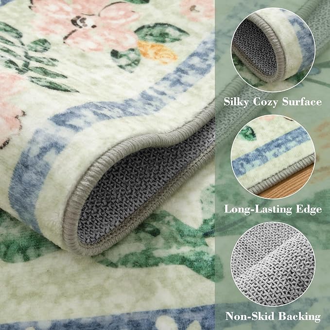 Wonnitar Washable Floral 6x9 Rug, Soft Green Area Rug Boho Non Slip Dining Room Carpet, Non-Shedding Flower Floor Carpets for Kids Bedroom Living Room Dorm Playroom
