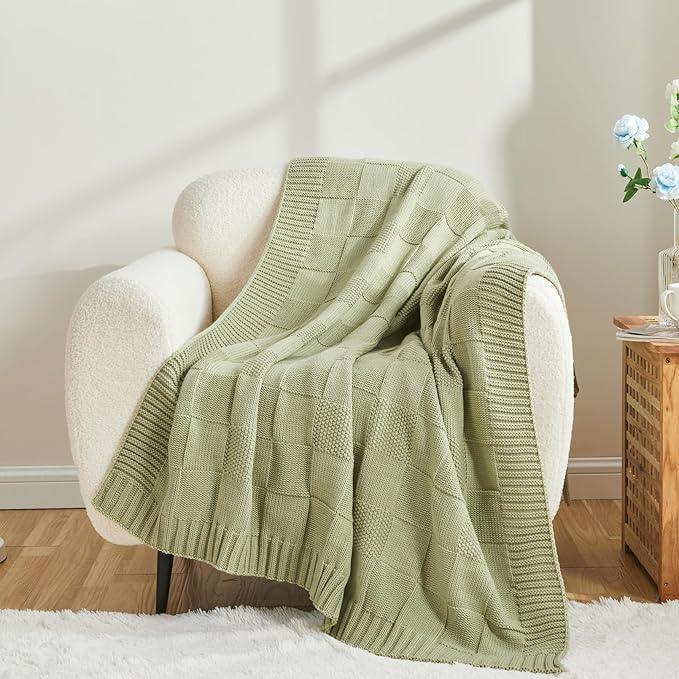 CozeCube Check Knit Throw Blanket, Sage Green Checkered Throw for Couch, Decorative Christmas Soft Cozy Warm Knitted Blanket for Bed Sofa Living Room, 60