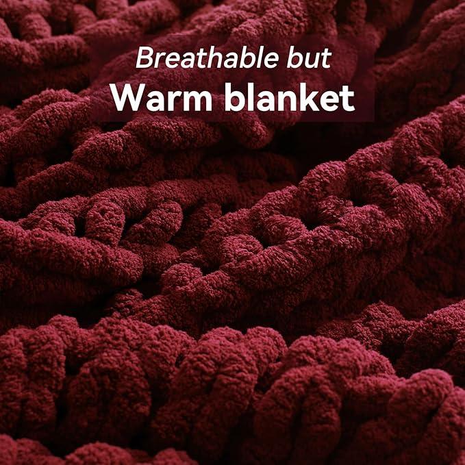 Chunky Knit Throw Blanket, 50''*60'' Knitted Throw Chenille Yarn for Bed Couch, Handmade Red Crochet Big Thick Blanket, Machine Washable Cute Comfy Blanket for Home Decor