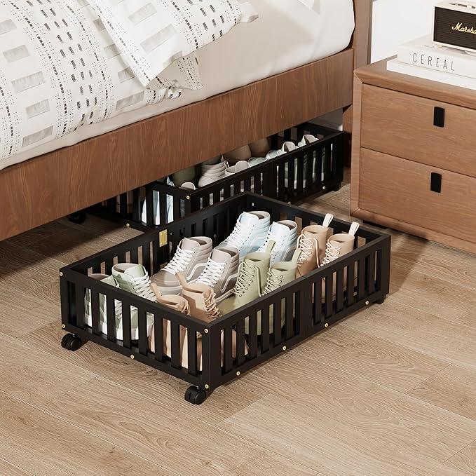 Bamboo Under Bed Storage with Wheels (2-Pack) – Rolling Underbed Shoe Organizer Box for Shoes, Blankets, Toys, Clothes Container Space-Saving Organizer Bins for Bedroom, Closet, Dorm, Nursery