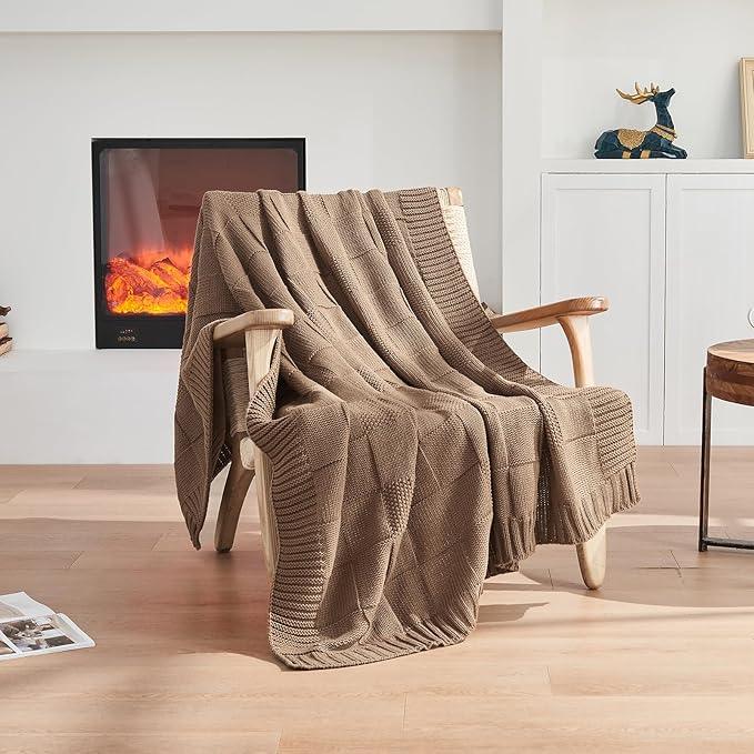 CozeCube Check Knit Throw Blanket, Light Brown Checkered Throw for Couch, Decorative Christmas Soft Cozy Warm Knitted Blanket for Bed Sofa Living Room, 60