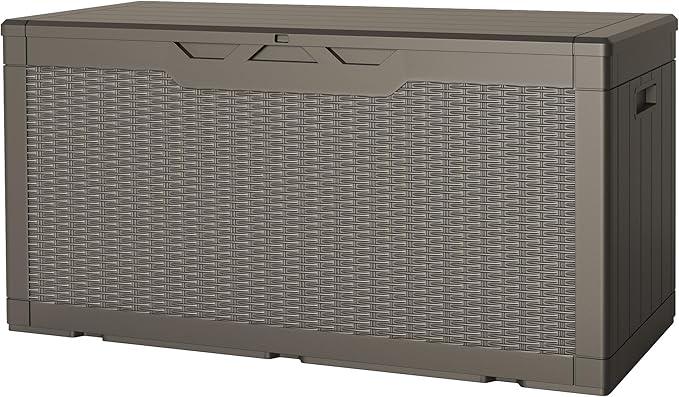 JUMMICO 100 Gallon Resin Deck Box, Waterproof Outdoor Storage Box with Lockable Lid for Garden Tools, Patio Cushions (Light Brown)