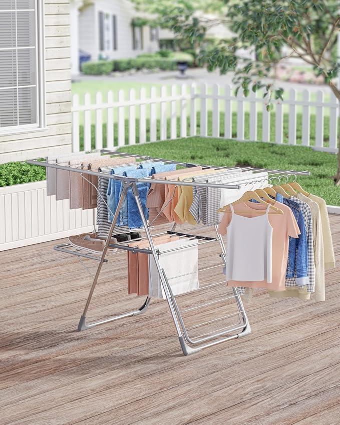 Clothes Drying Rack - Foldable Laundry Drying Rack for Clothing & Bedding, Easy-to-Assemble, Space-Saving Metal Airer with Non-Slip Feet, Indoor & Outdoor Use, 55.5