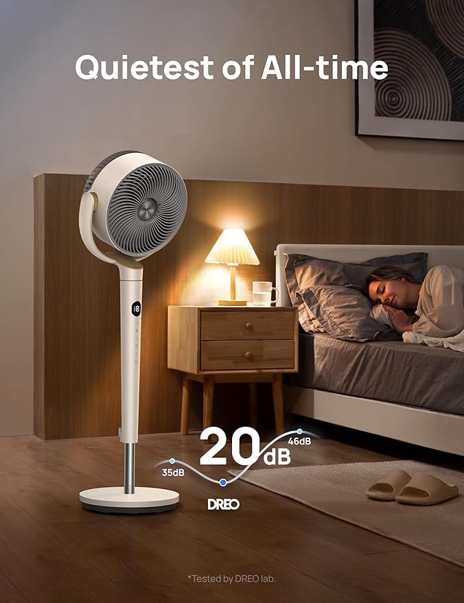Dreo Fan for Bedroom, 120° Oscillating Standing Fan, Quiet Pedestal Fan with DC Motor, 9 Speeds, 4 modes, 20dB, 120° Manual Vertical, 37-42