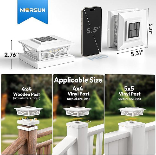 NIORSUN Solar Post Cap Lights Outdoor, 2 Modes LED, Deck Fence Post Solar Lights for 3.5x3.5 4x4 5x5 Post Caps Patio Garden Decoration, Solar Post Lights Warm White/Cool White Lighting White 12 Pack