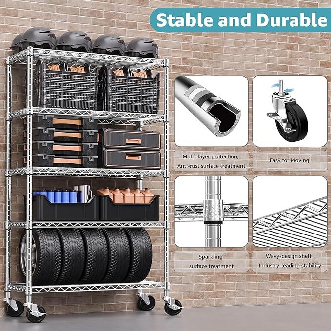 5-Shelf Storage Shelves,Wire Shelving Heavy Duty Metal Storage Shelving Unit Adjustable Garage Shelving Rack Pantry Kitchen (Chrome, 5 Tier,17.7