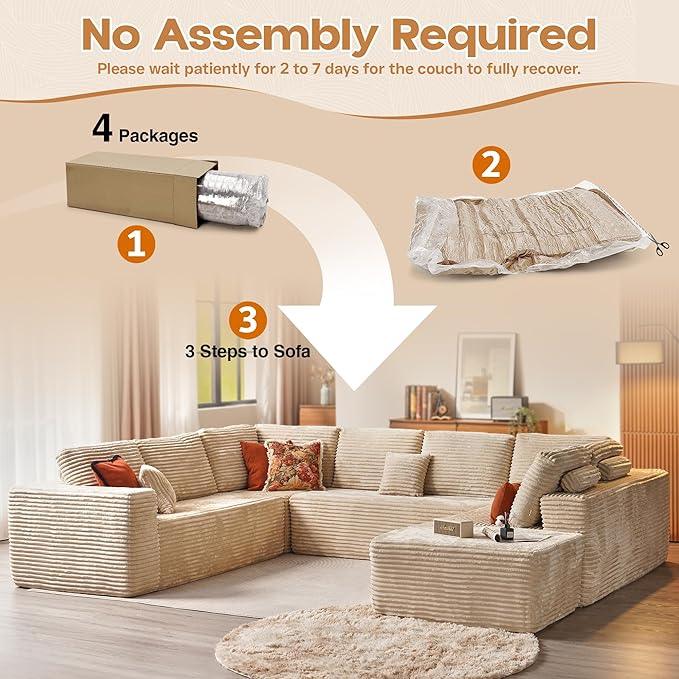 Cloud Sectional Couches for Living Room,U Shaped Modular Sofas No Assembly,135x100 Inches Plush Corduroy Oversized Floor Couch Set with Deep Seat Chaise,Beige