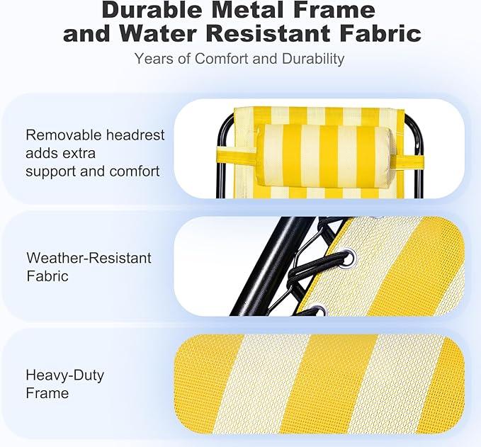 Nazhura Set of 2 Relaxing Recliners Patio Chairs Adjustable Steel Mesh Zero Gravity Lounge Chair Beach Chairs with Pillow and Cup Holder (Yellow Stripe)