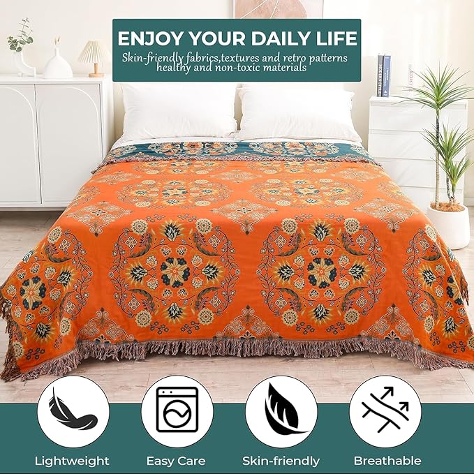 Throw Blanket for Couch Bed Chair,100% Cotton Soft Lightweight Blanket Rustic Quilt -Orange Floral Printed Farmhouse Decor Bed All Season Blankets,90