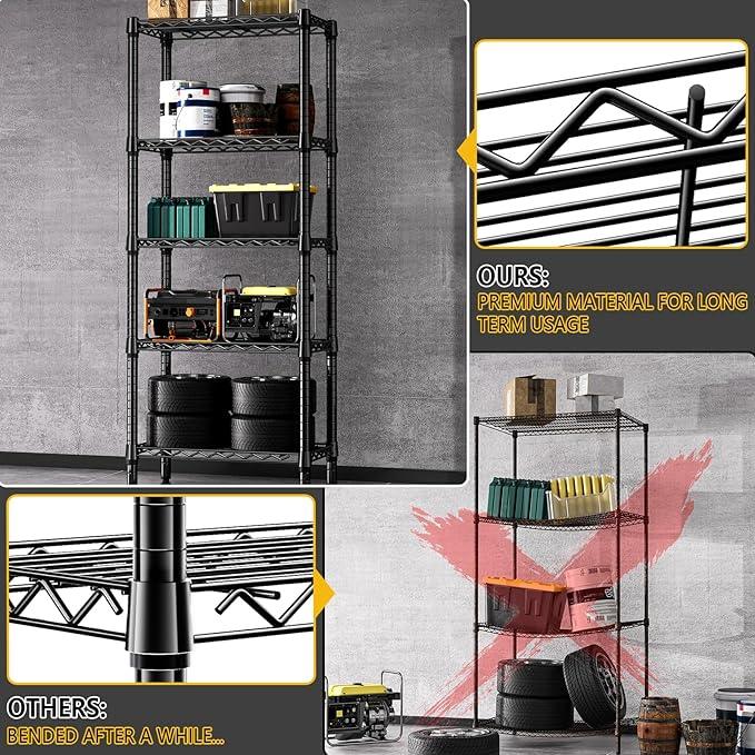 1250 lbs 5 Tier Shelf Metal Storage Shelves Wire Rack Closet Organizers for Garage Kitchen Bathroom Laundry Black 11.8