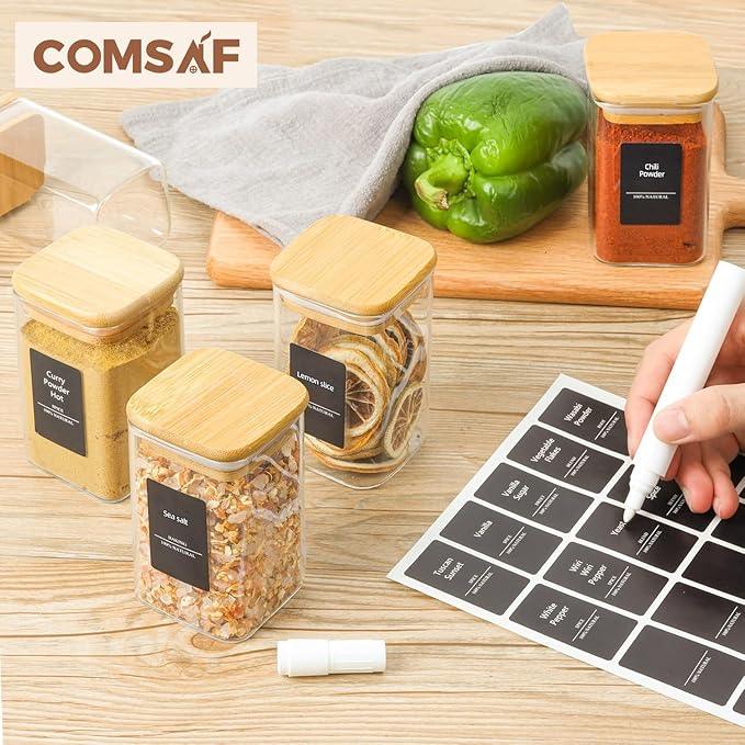 ComSaf 12Pcs Glass Spice Jars with Bamboo Lid, 8oz Airtight Square Containers with 275 Black Lables, Empty Seasoning Jars for Spice Salt Sugar