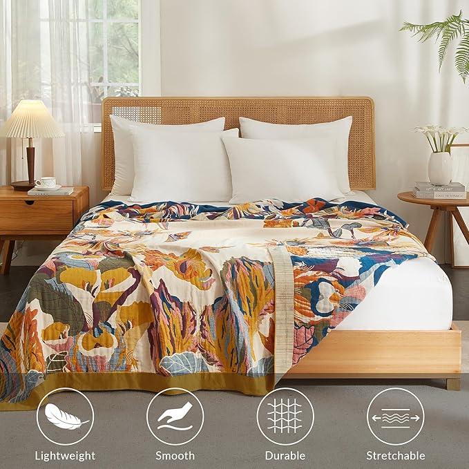 Boho Throw Blanket for Couch Sofa Bed, 100% Cotton Woven Quilt with Tassel 60”x80”, Super Soft Muslin Blanket with Floral Printed, Decorative Reversible Bed Blanket/Cover for All Seasons