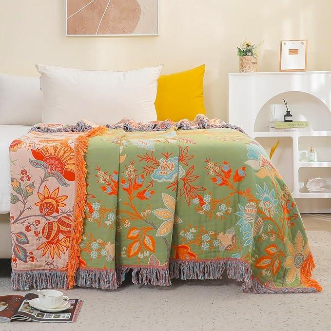 Boho Fall Throw Blanket for Bed，100% Ultra Cotton Soft Breathable Bed Throw Floral Printed Farmhouse Decor Rustic Bed Throws for Couch Sofa Quilt 60