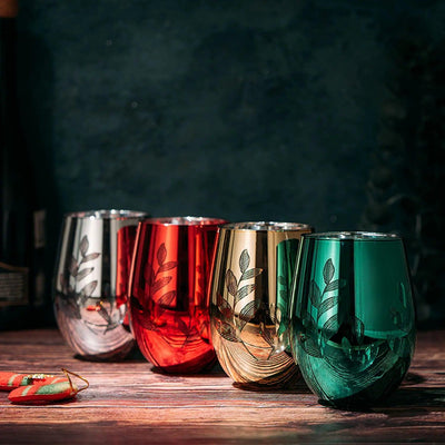 Multicolor 4-Piece Tree Stemless Wine & Water Glasses - Shining Red Green Yellow Silver, Housewarming Gift For Her, Him Party Décor, Colored Glass Trees Décor, Kitchen Home Decoration (Stemless)