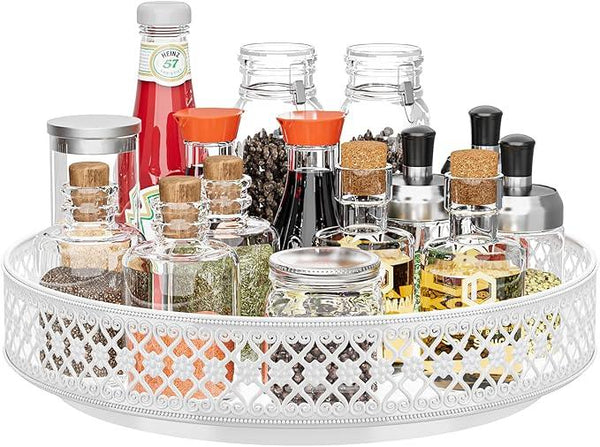 Ovicar Lazy Susan Turntable Organizer - 13 inch Rotating Spice Rack Metal Lazy Susan for Cabinet Pantry Kitchen Countertop Dining Table Cupboard Bathroom Vanity Refrigerator White