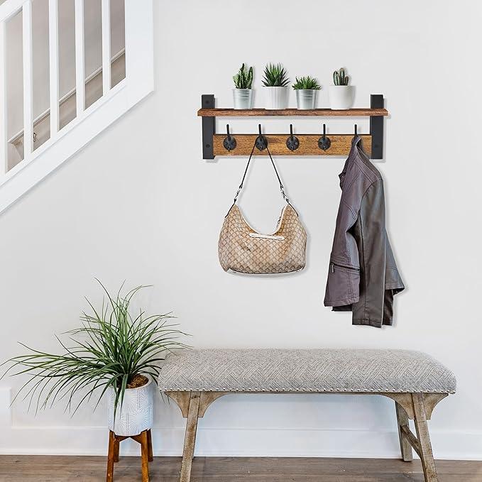 Sorbus Coat Hooks Wall Mount with Shelf – 24 Inch Coat Rack Wall Mount with 5 Heavy Duty Hooks – Floating Wall Shelf with Hooks for Entryway, Bathroom, Bedroom, Kitchen, or Mudroom (Rustic Brown)