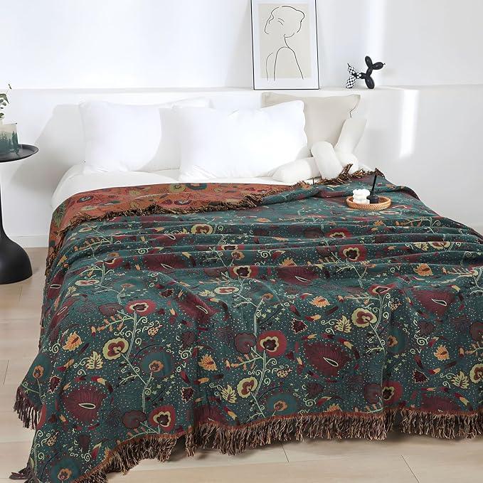 Boho Throw Blanket for Bed - 100% Pure Cotton Ultra Soft Rustic Quilt - Farmhouse Decor Bed Blankets, All Season Rustic Throw for Sofa Couch Chair(91''x 98'', Floral)