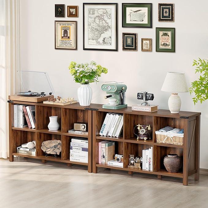 Farmhouse 6 Cube Book Shelf, Wood 3 Tier Storage Organizer Bookshelf, Brown Walnut 47