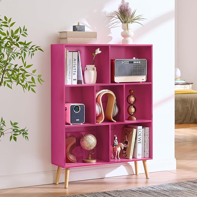 LEYAOYAO 7 Cube Bookshelf,3 Tier Book Shelf with Legs,Pink Modern Bookshelf,Large Freestanding Open Toy Modern Bookshelves,Display Bookcases Decor Furniture for Nursery