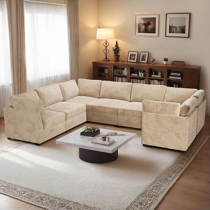 HOOOWOOO Modular Sectional Sofa,7 Pieces Sectional Couches for Living Room,131X98 U Shaped Cloud Couch Set(Beige Velvet Corduroy)