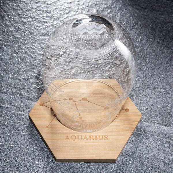 Set of 2 Zodiac Sign Wine Glasses with 2 Wooden Coasters by The Wine Savant - Astrology Drinking Glass Set with Etched Constellation Tumblers for Juice, Water Home Bar Horoscope Gifts 18oz (Aquarius)