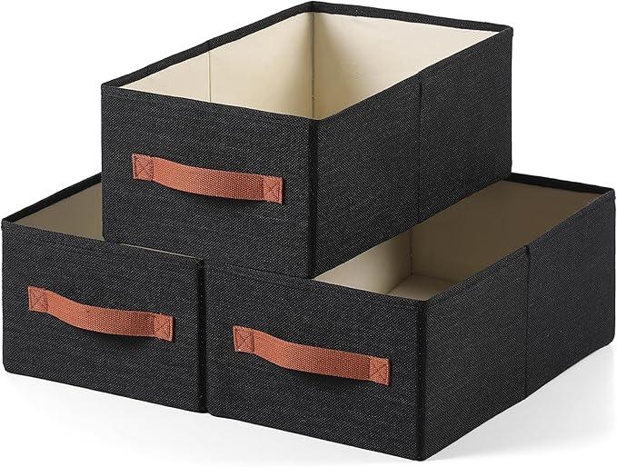 linen closet organizers and storage, 3 Pack Large Storage Baskets, Washable, Clothing Storage Bins with Handle, Closet Organizer for Storage Sweater,Sheets (Black, 16