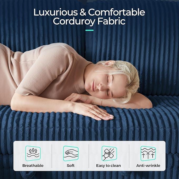LINSY HOME Sectional Sleeper Sofa with Pull Out Couch Bed - Convertible Plush Corduroy Cloud Couch with Storage Chaise & USB Charging, Comfy Modular Couches for Living Room, Blue