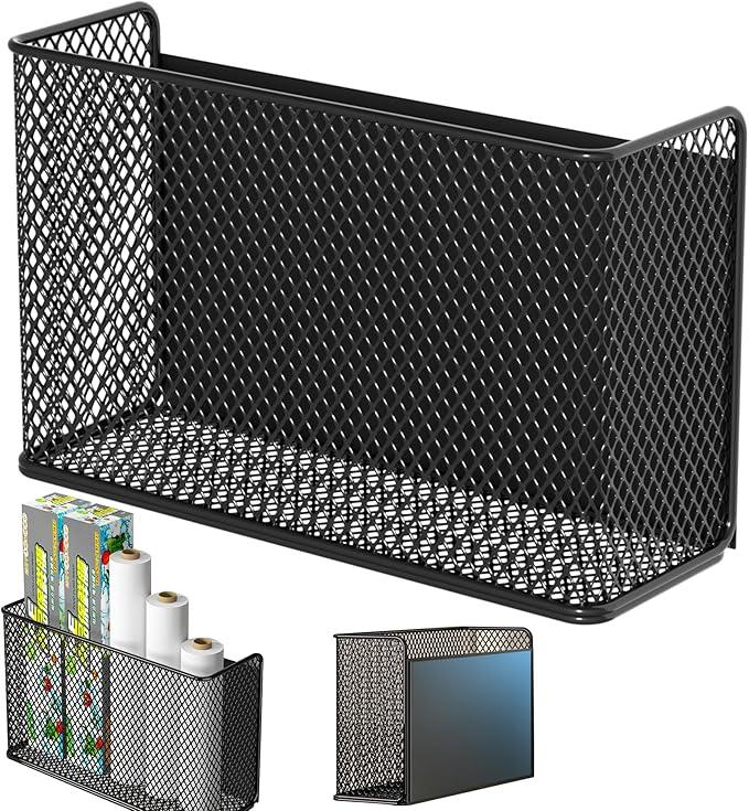 Magnetic Basket Fridge Lint Bin Dryer Ball Holder Laundry Room Organization Home Storage for Class Office School (Mesh，(1-Pack) Black/L)