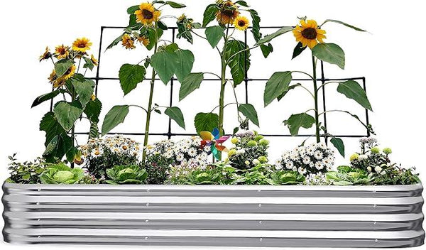 KING BIRD Raised Garden Bed with Wall Trellis Galvanized Planter Garden Box Outdoor for Gardening, Climbing Vegetables, Flowers 7.87x3.94x0.98 Ft, Silver