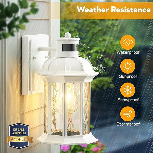 VIANIS 2-Pack Motion Sensor Outdoor Lights for House, White Garage Light Wall Mount Lantern, Modern Exterior LED Wall Lights Fixtures with Ripple Tempered Glass, Outside Wall Sconce Lamp for Porch