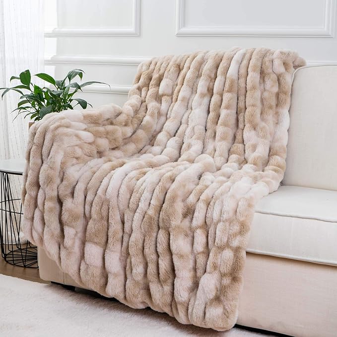 BATTILO HOME Ruched Luxury Faux Fur Throw Blanket Beige Tie-dye Rabbit Fur Blanket for Couch, Living Room, Fuzzy, Soft, Plush, Cozy, Elegant with Reversible Mink Blanket Beige, 60